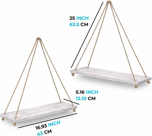 Hanging Shelves for Wall - Set of 2 – Rustic Farmhouse Boho Shelves with String – 17”X5.2”