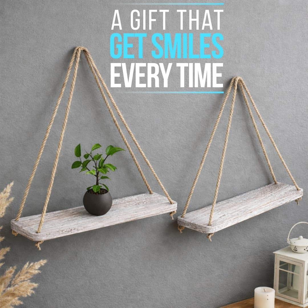 Hanging Shelves for Wall - Set of 2 – Rustic Farmhouse Boho Shelves with String – 17”X5.2”