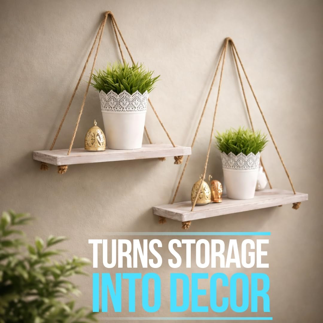Hanging Shelves for Wall - Set of 2 – Rustic Farmhouse Boho Shelves with String – 17”X5.2”