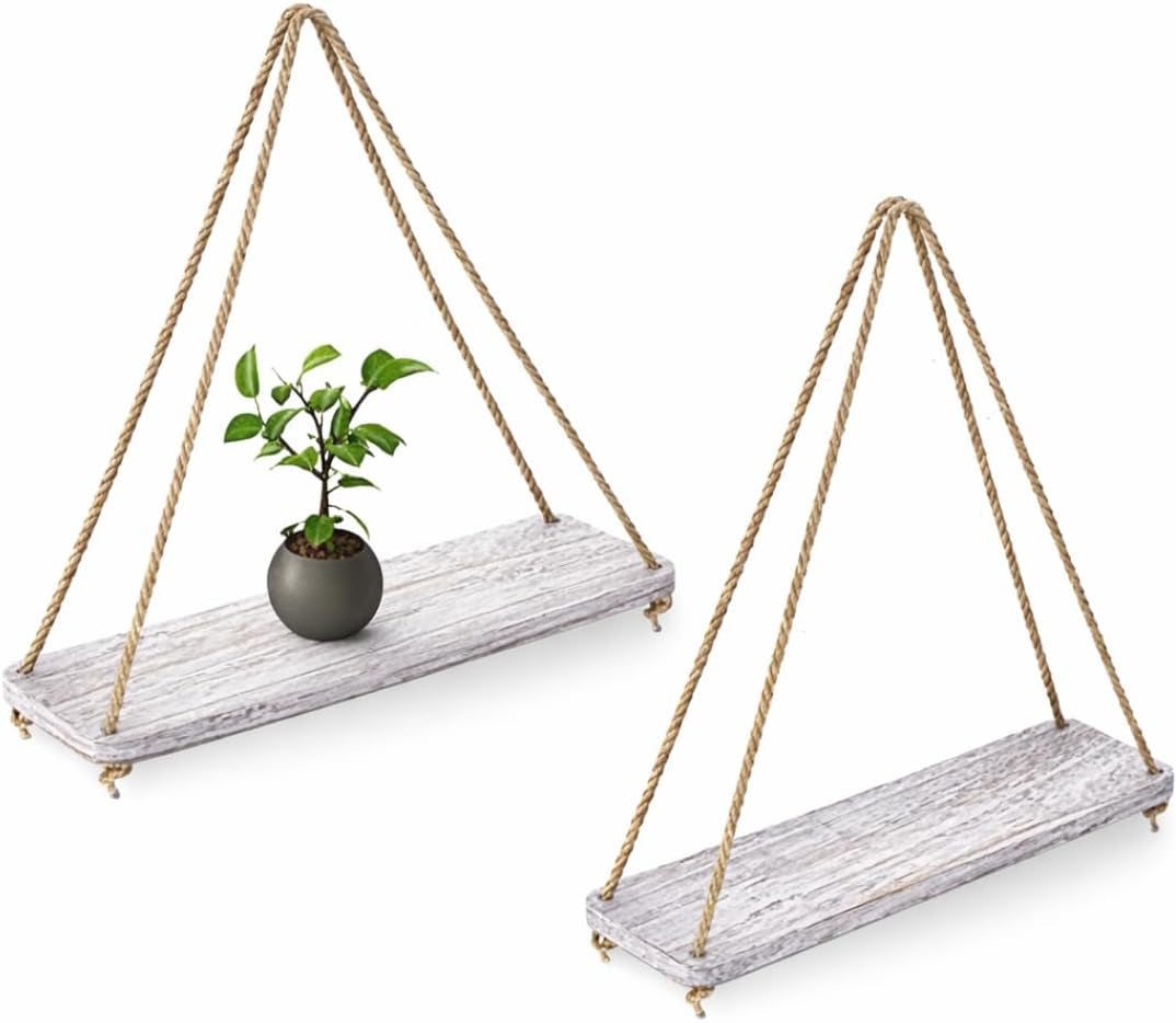 Hanging Shelves for Wall - Set of 2 – Rustic Farmhouse Boho Shelves with String – 17”X5.2”