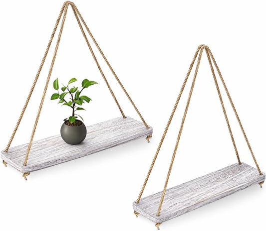 Hanging Shelves for Wall - Set of 2 – Rustic Farmhouse Boho Shelves with String – 17”X5.2”