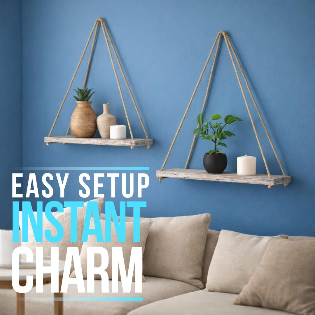 Hanging Shelves for Wall - Set of 2 – Rustic Farmhouse Boho Shelves with String – 17”X5.2”